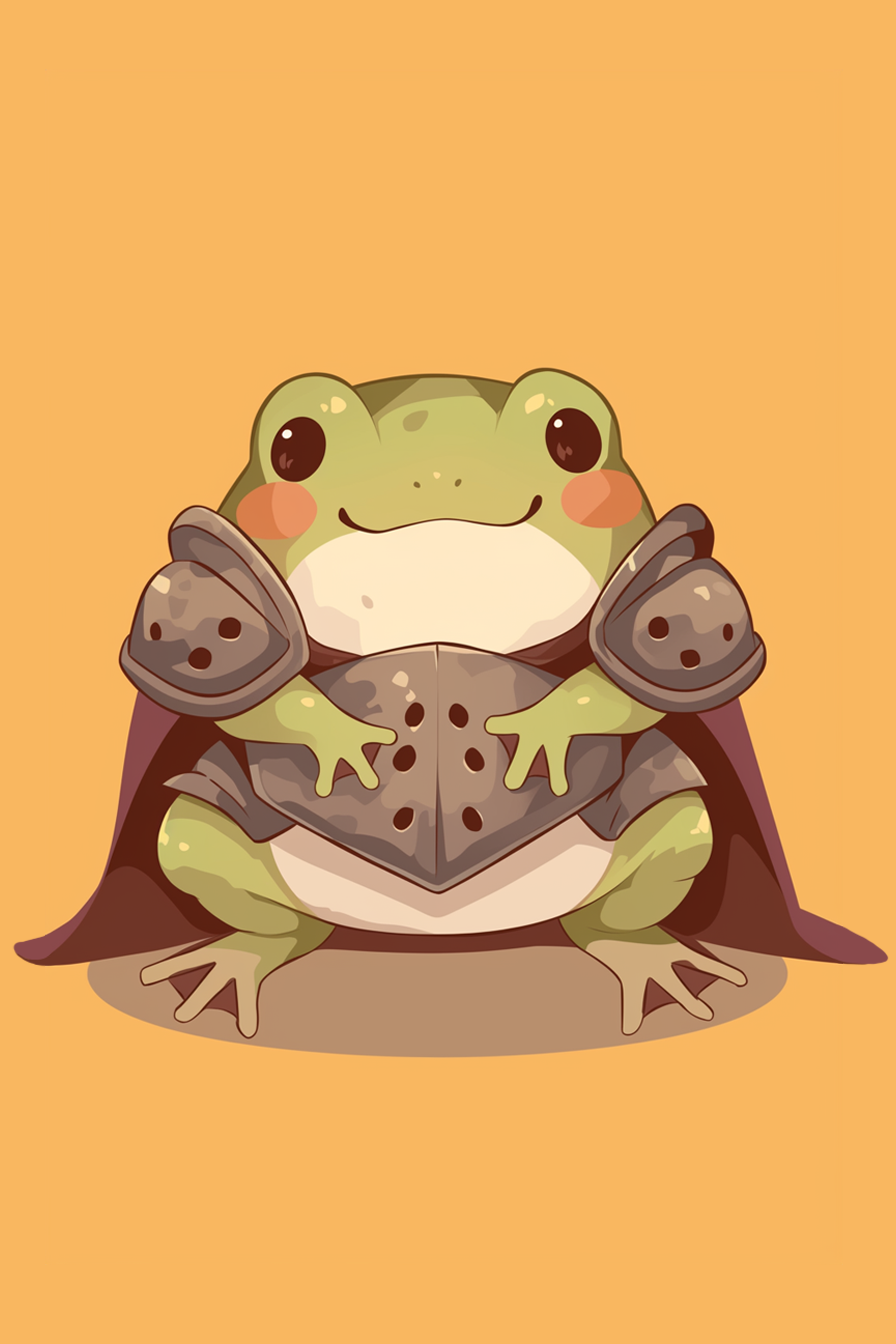 Halloween frog drawing ideas 2 featuring a cheerful frog dressed as a knight with a tiny suit of armor and a purple cape, giving a whimsical and adventurous vibe.